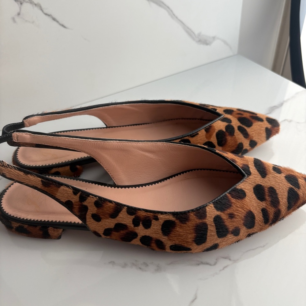 J. Crew sz 8 Women’s Pointed-toe Slingback Flats Leopard Calf Hair Leather - Picture 2 of 8